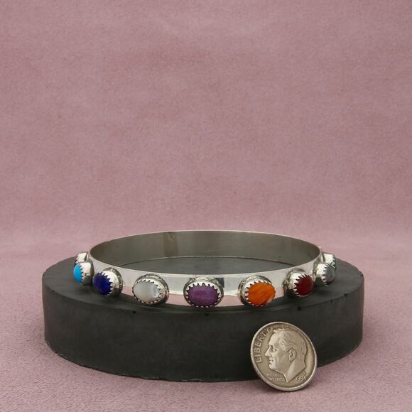 navajo sterling silver lenora begay multi stone bangle bracelet size 8in - Picture 2 of 3